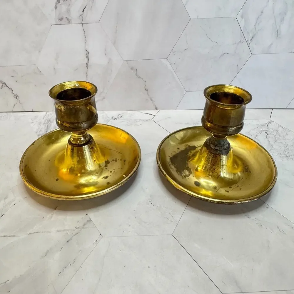 Antique Solid Brass Candlestick Holders Pair 19th Century 3